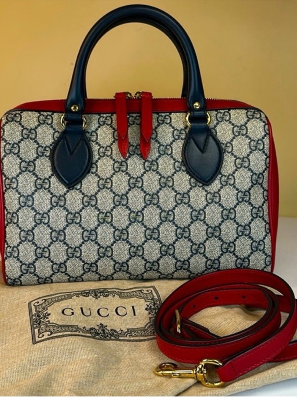 Gucci Navy GG Supreme Red Leather Trim Boston Red Crossbody Strap Dustbag COA - Picture 8 of 16
